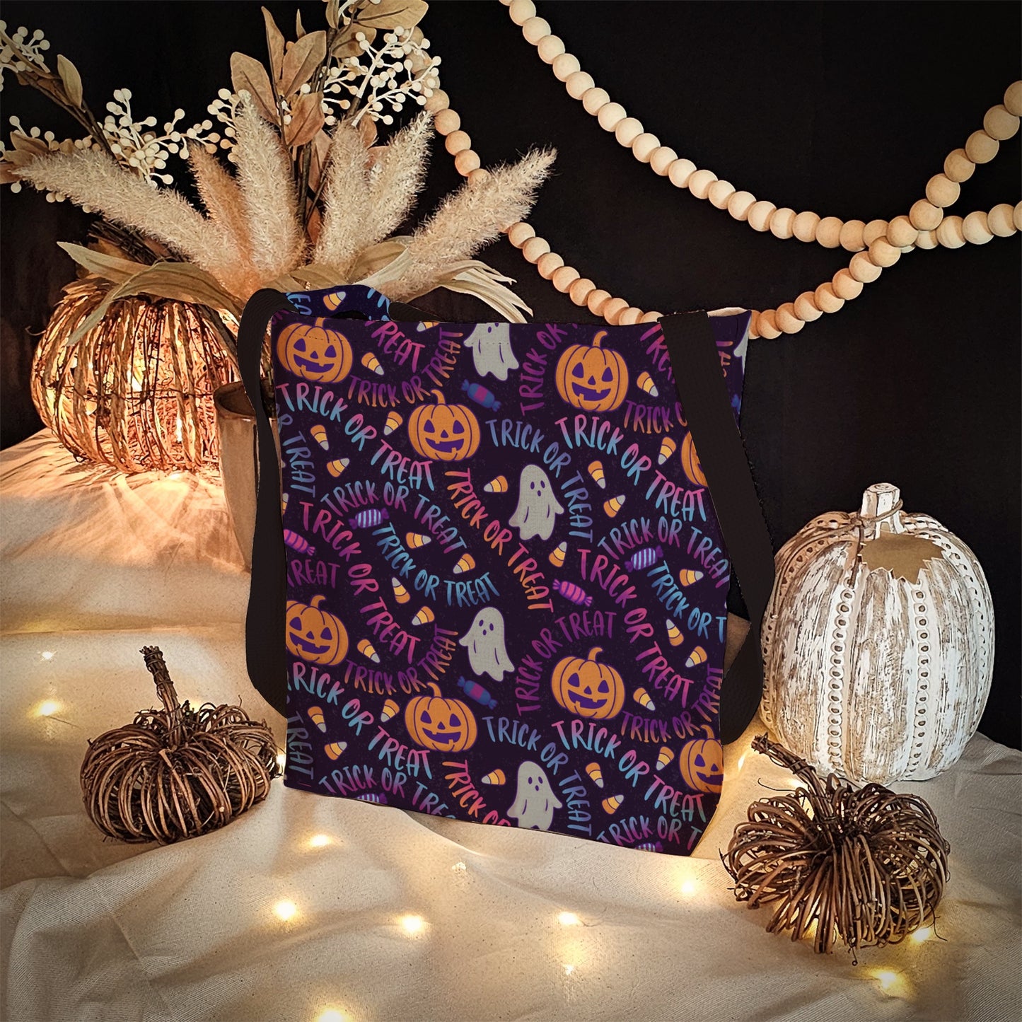 Purple Trick or Treat Halloween Bag – Neon Ghosts, Pumpkins, Candy & Lettering – 13” Kids Tote for Trick or Treating