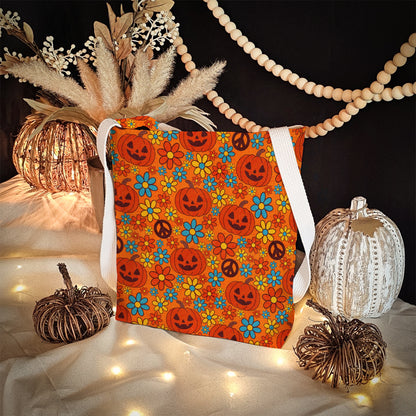 Groovy Halloween Trick or Treat Bag – Retro Pumpkins, Peace Signs & Flowers – 13” Tote for Kids or Halloween Lovers