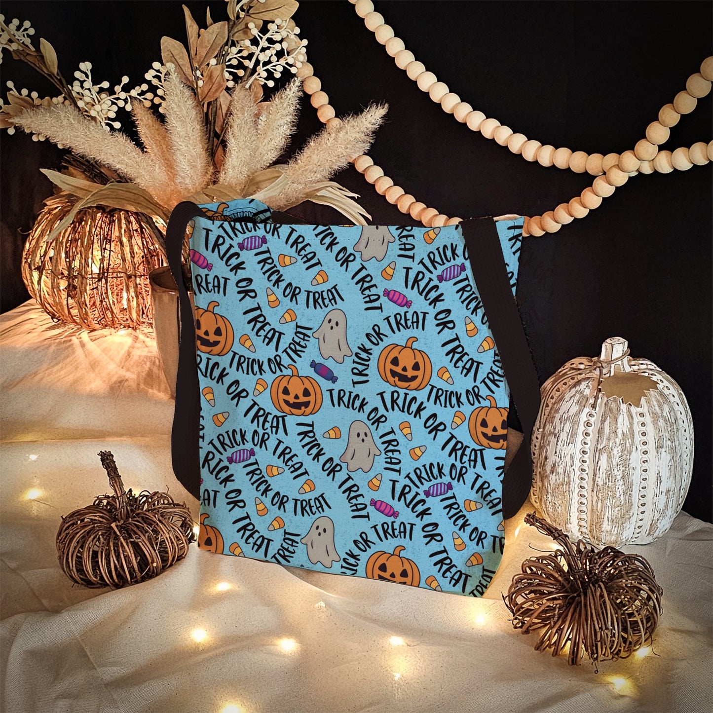 Blue Trick or Treat Halloween Bag – Cute Ghosts, Pumpkins, Candy & Lettering Pattern – 13” Kids Tote for Halloween Night