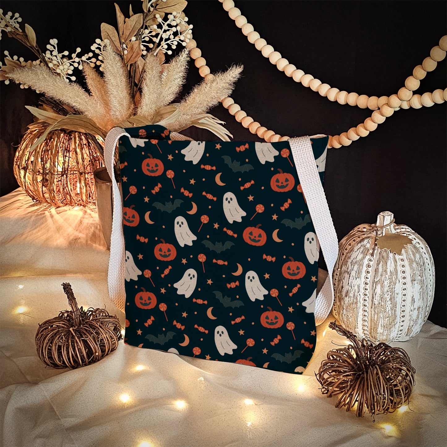 Orange Ghost Halloween Trick or Treat Bag – Cute Ghosts, Pumpkins, Candy & Bats Pattern – 13” Reusable Tote for Kids