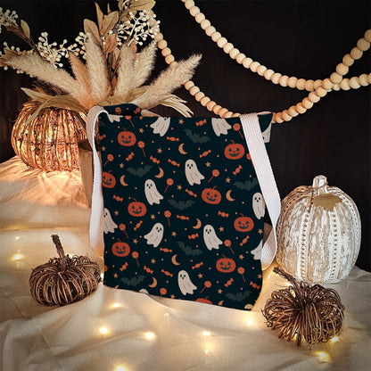 Orange Ghost Halloween Trick or Treat Bag – Cute Ghosts, Pumpkins, Candy & Bats Pattern – 13” Reusable Tote for Kids