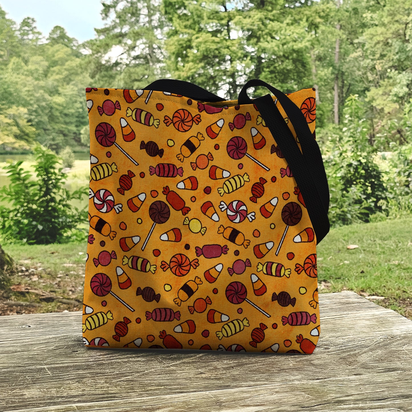 Halloween Candy Trick or Treat Bag – Orange Hand-Drawn Candy Pattern – 13” Tote for Kids’ Candy Hauls