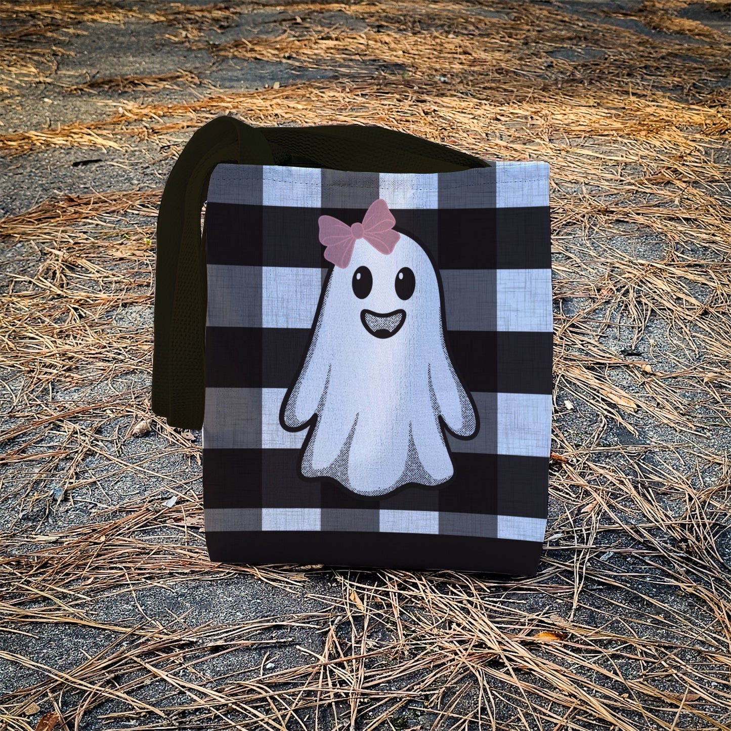 Girly Ghost Trick or Treat Bag – 13" Buffalo Plaid Halloween Tote with Pink Bow