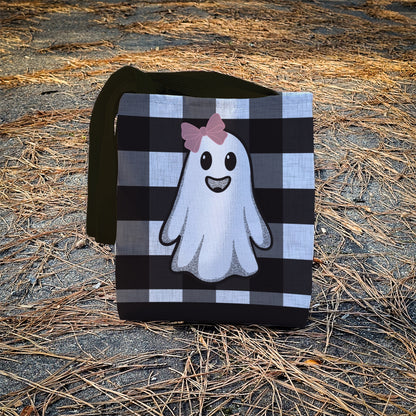 Girly Ghost Trick or Treat Bag – 13" Buffalo Plaid Halloween Tote with Pink Bow