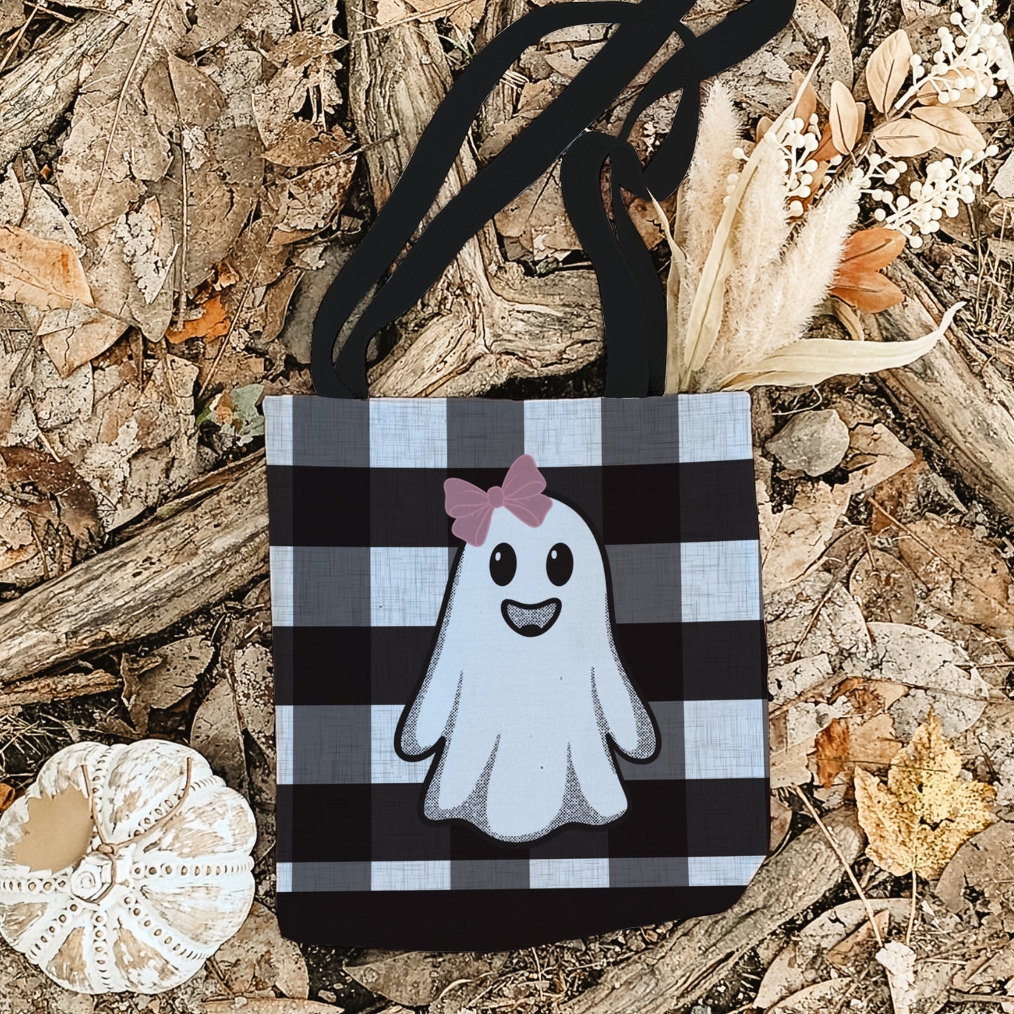 Girly Ghost Trick or Treat Bag – 13" Buffalo Plaid Halloween Tote with Pink Bow