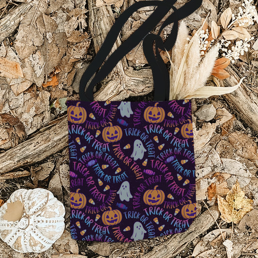 Purple Trick or Treat Halloween Bag – Neon Ghosts, Pumpkins, Candy & Lettering – 13” Kids Tote for Trick or Treating