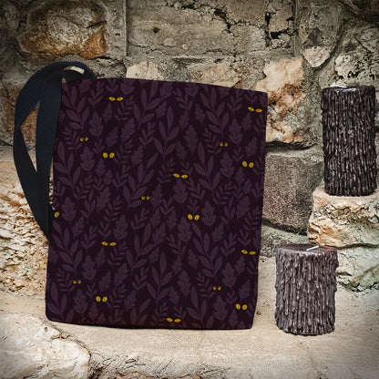 Spooky Jungle Eyes Trick or Treat Bag – Dark Purple Leaves with Glowing Eyes – 13” Halloween Tote for Kids or Adults