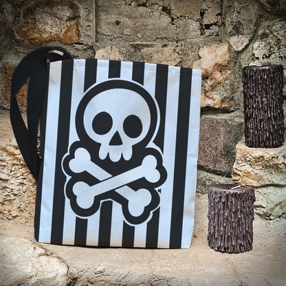 Skull and Crossbones Trick or Treat Bag – 13" Striped Black and White Halloween Tote
