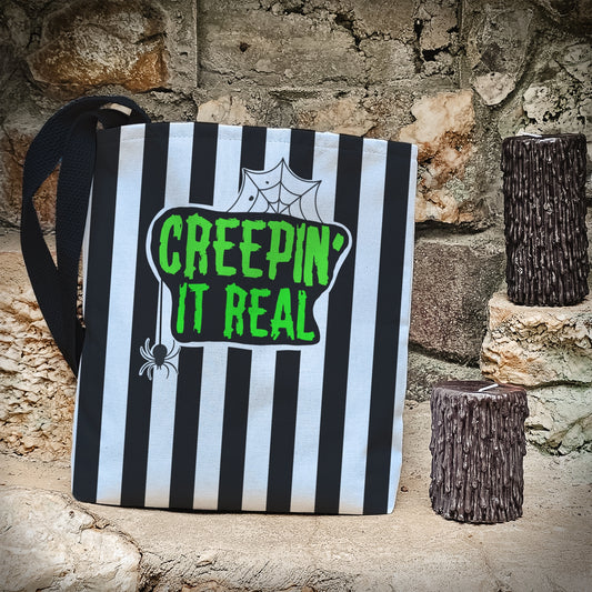 Creepin’ It Real Trick or Treat Bag – 13" Striped Halloween Tote with Spider Design