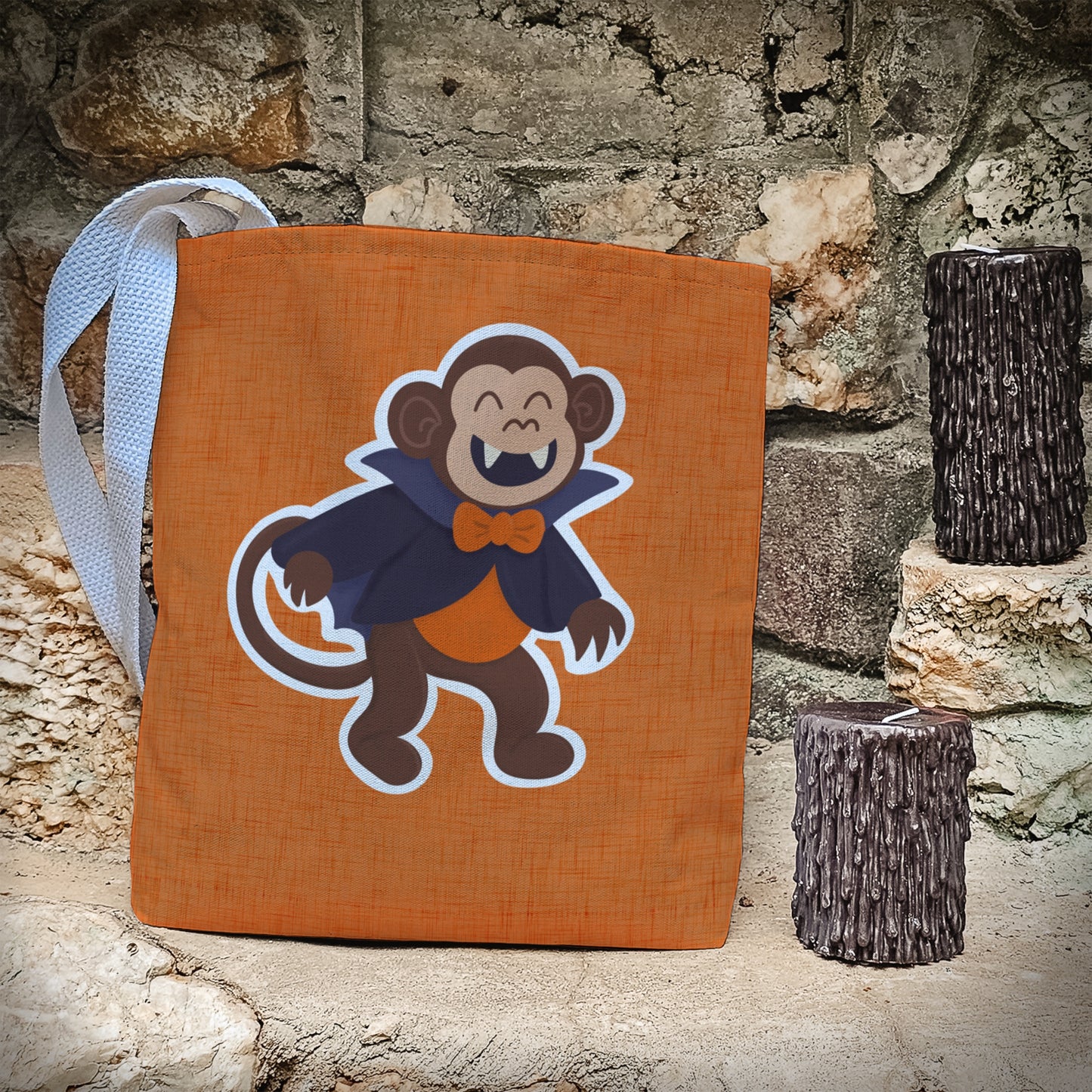 Vampire Monkey Trick or Treat Bag – 13" Orange Halloween Tote for Kids, Spooky Zoo Friends Collection
