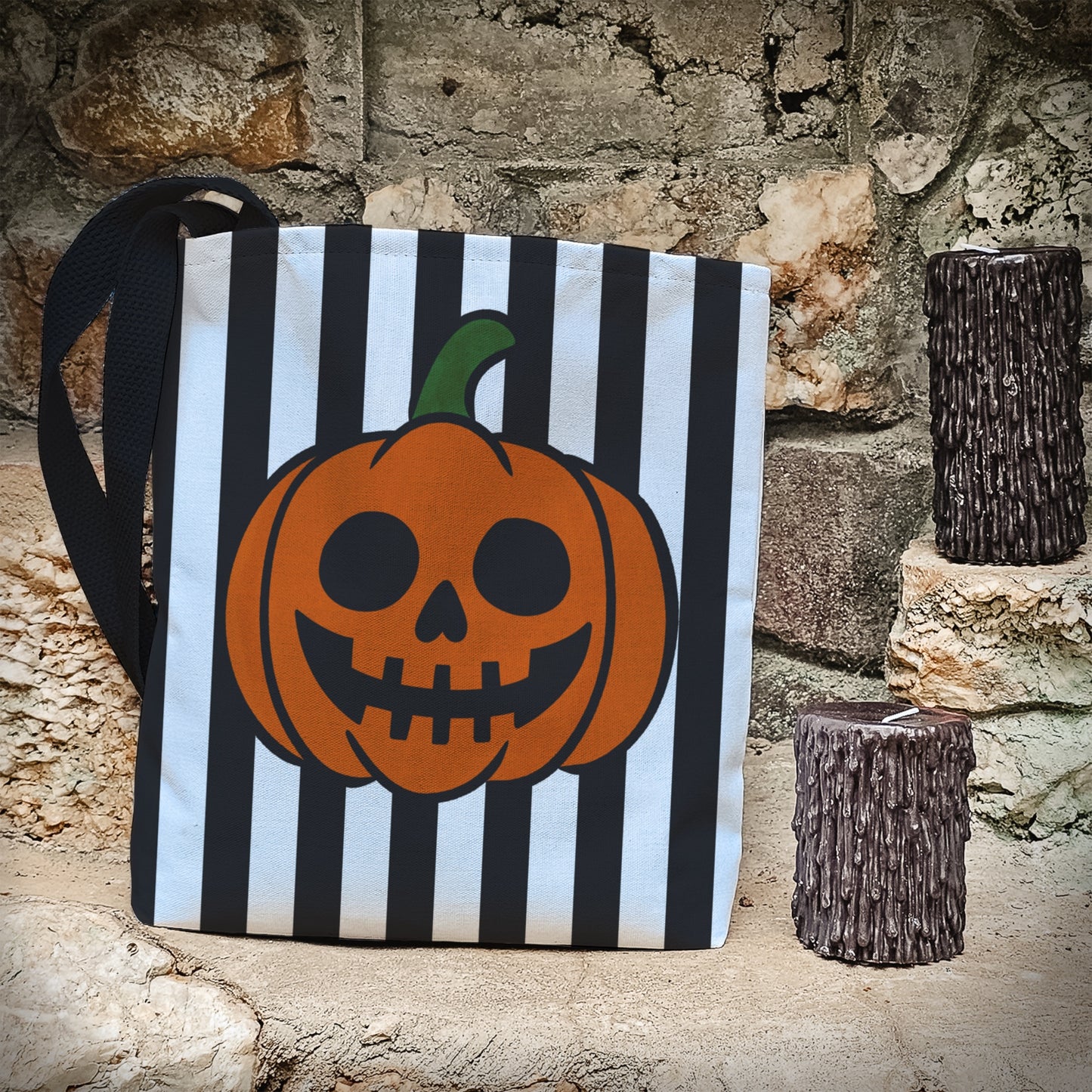 Pumpkin Skull Trick or Treat Bag – 13" Striped Jack-o’-Lantern Halloween Tote