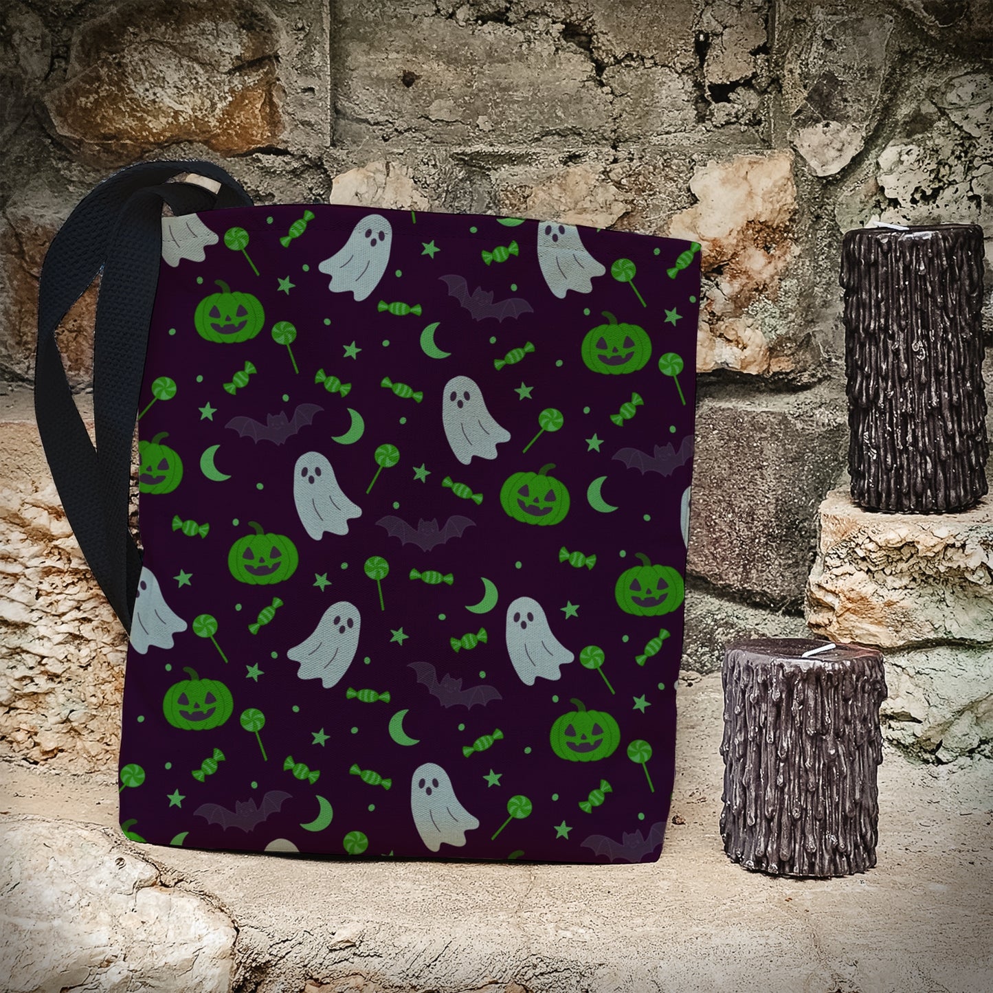 Green Ghost Halloween Trick or Treat Bag – Cute  Ghosts, Pumpkins, Candy & Bats – Reusable 13” Tote for Kids