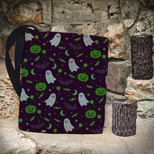 Green Ghost Halloween Trick or Treat Bag – Cute  Ghosts, Pumpkins, Candy & Bats – Reusable 13” Tote for Kids