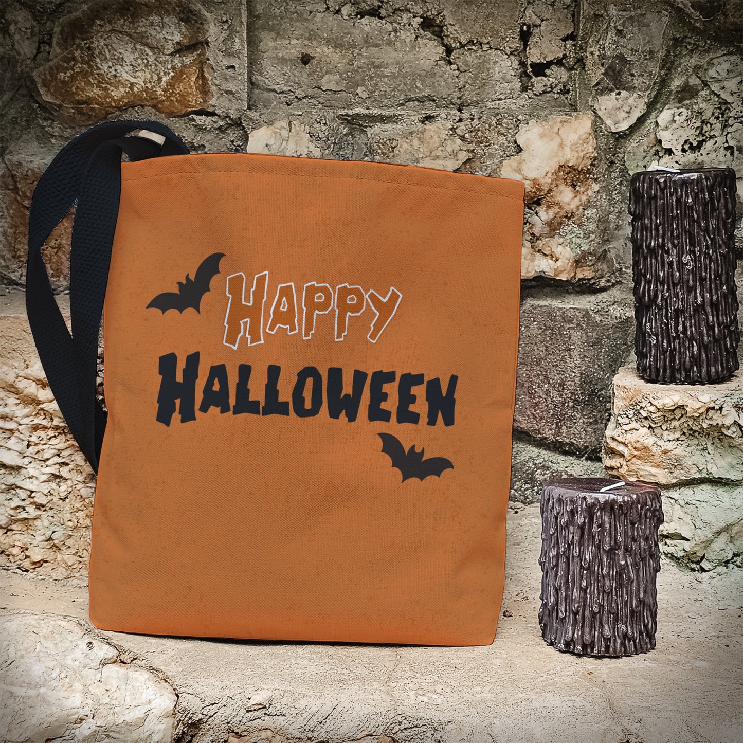 Happy Halloween Trick or Treat Bag – 13" Orange Tote with Bat Design