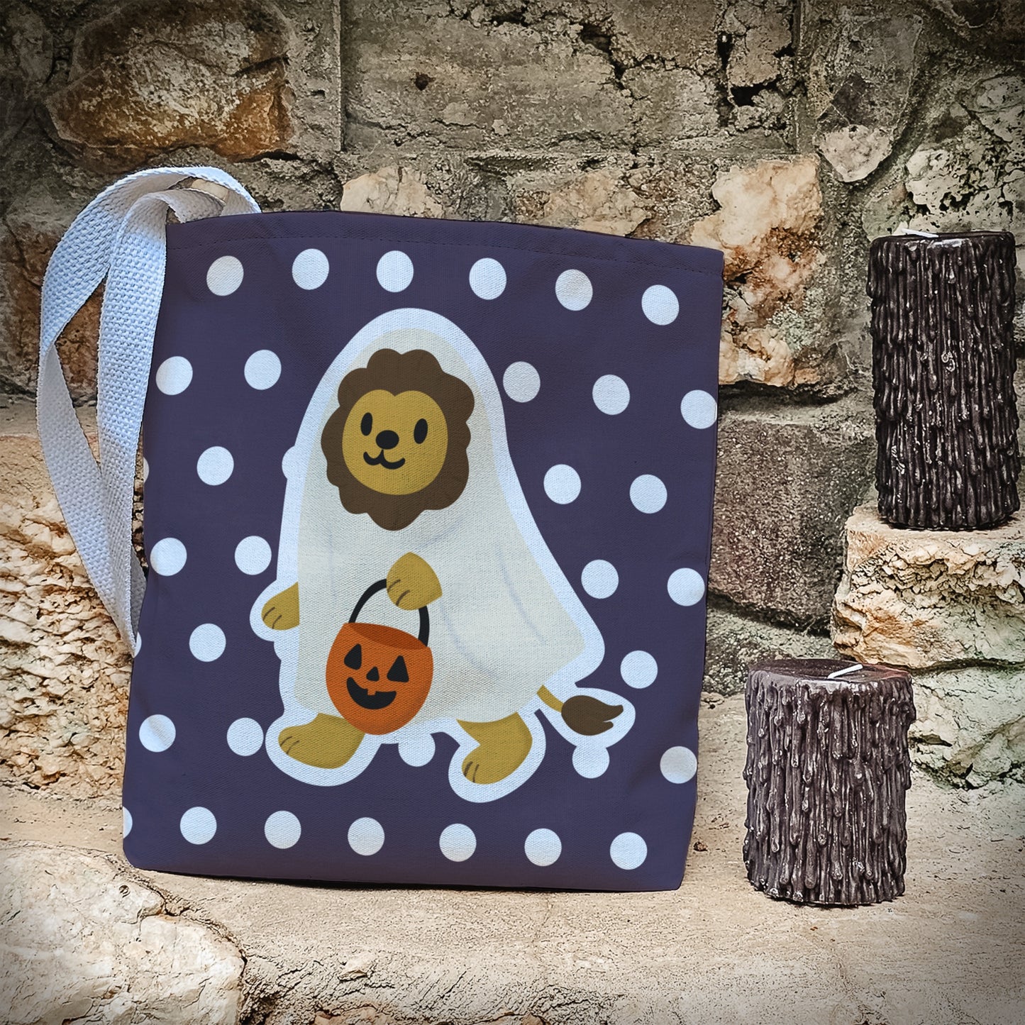 Cute Lion Ghost Trick or Treat Bag – 13" Polka Dot Halloween Candy Tote