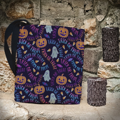 Purple Trick or Treat Halloween Bag – Neon Ghosts, Pumpkins, Candy & Lettering – 13” Kids Tote for Trick or Treating