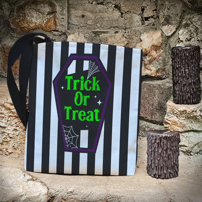 Trick or Treat Coffin Bag – 13" Striped Halloween Tote with Spider Web Design