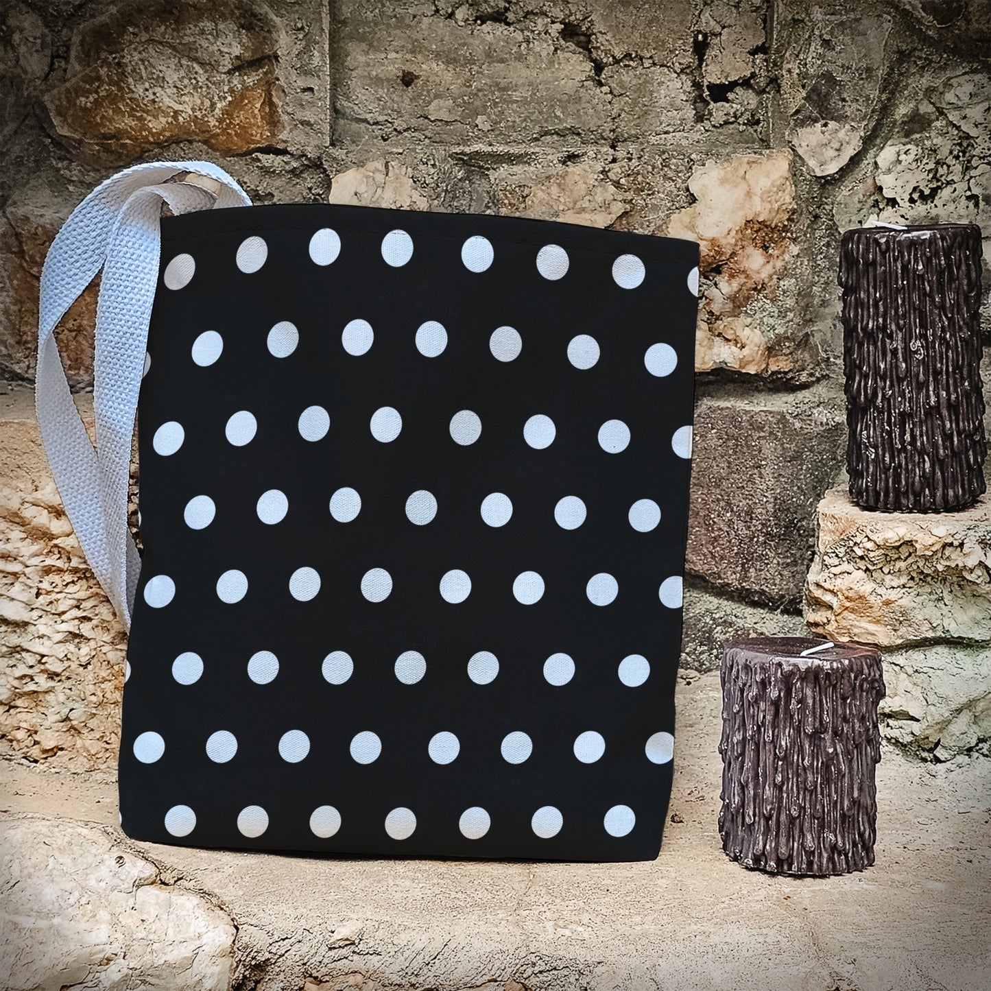Black and White Polka-dotted tote bag – 13” Tote for Kids or Halloween Lovers.