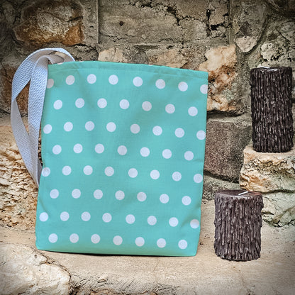 Seafoam Polka-dotted Trick or Treat tote bag – 13” Tote for Kids or Halloween Lovers