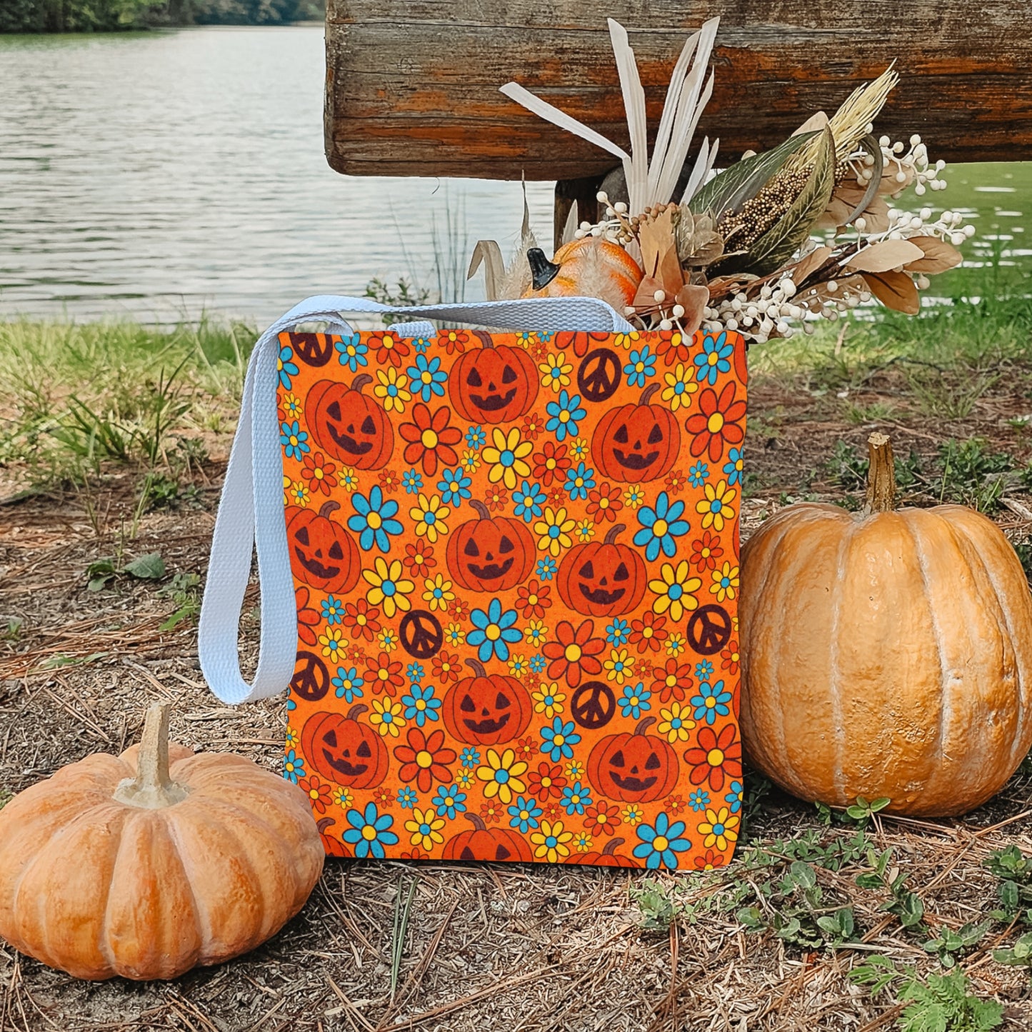 Groovy Halloween Trick or Treat Bag – Retro Pumpkins, Peace Signs & Flowers – 13” Tote for Kids or Halloween Lovers