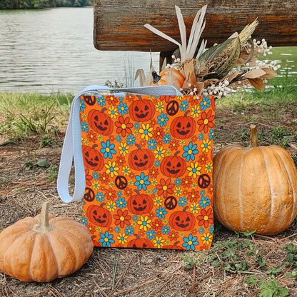 Groovy Halloween Trick or Treat Bag – Retro Pumpkins, Peace Signs & Flowers – 13” Tote for Kids or Halloween Lovers