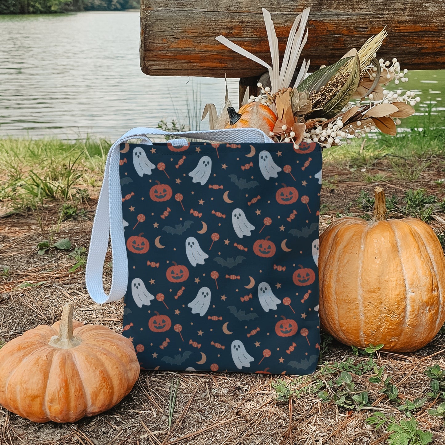 Orange Ghost Halloween Trick or Treat Bag – Cute Ghosts, Pumpkins, Candy & Bats Pattern – 13” Reusable Tote for Kids