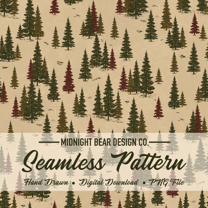 Green and Red Woodland Christmas Forest Seamless Pattern