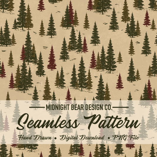 Green and Red Woodland Christmas Forest Seamless Pattern