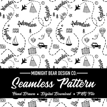 Adventure Doodle Seamless Pattern | Travel Digital Paper, Wanderlust Fabric Design, Explore & Voyage Scrapbook Background, Hand drawn