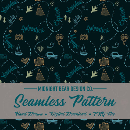 Adventure Doodle Seamless Pattern | Travel Digital Paper, Wanderlust Fabric Design, Explore & Voyage Scrapbook Background, Hand drawn