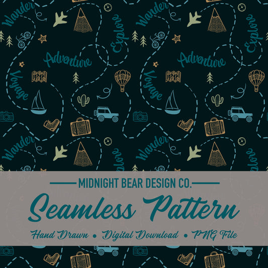 Adventure Doodle Seamless Pattern | Travel Digital Paper, Wanderlust Fabric Design, Explore & Voyage Scrapbook Background, Hand drawn