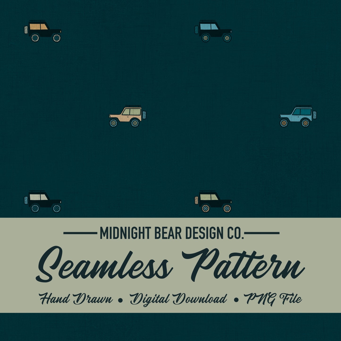 Adventure Trucks Seamless Pattern, Retro Off-Road Vehicle Design, Travel Fabric, Wallpaper, Digital Paper, Scrapbook, 4X4 Offroad Pattern