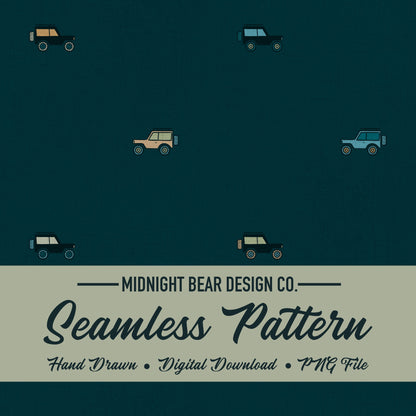 Adventure Trucks Seamless Pattern, Retro Off-Road Vehicle Design, Travel Fabric, Wallpaper, Digital Paper, Scrapbook, 4X4 Offroad Pattern