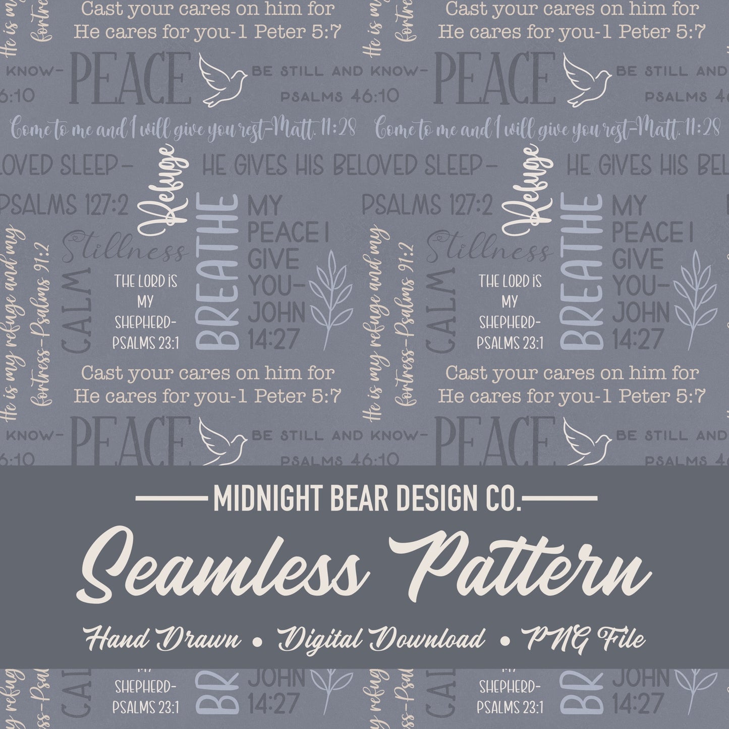 Dusty Blue Peace and Rest Seamless Pattern | Christian Word Grid with Bible Verses