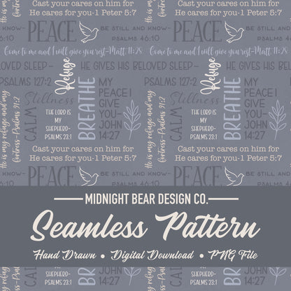 Dusty Blue Peace and Rest Seamless Pattern | Christian Word Grid with Bible Verses