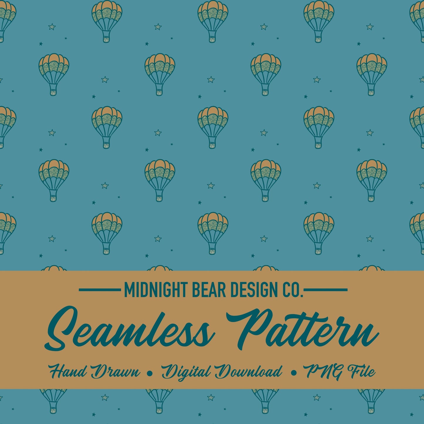 Hot Air Balloon Seamless Pattern | Blue Adventure Sky Design with Stars | Whimsical Travel Digital Paper, Fabric, or Wallpaper, Scrapbook