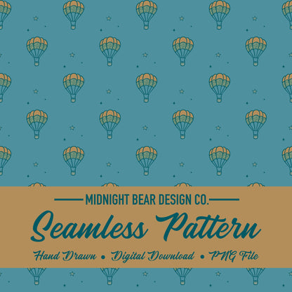 Hot Air Balloon Seamless Pattern | Blue Adventure Sky Design with Stars | Whimsical Travel Digital Paper, Fabric, or Wallpaper, Scrapbook