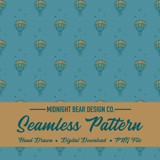 Hot Air Balloon Seamless Pattern | Blue Adventure Sky Design with Stars | Whimsical Travel Digital Paper, Fabric, or Wallpaper, Scrapbook