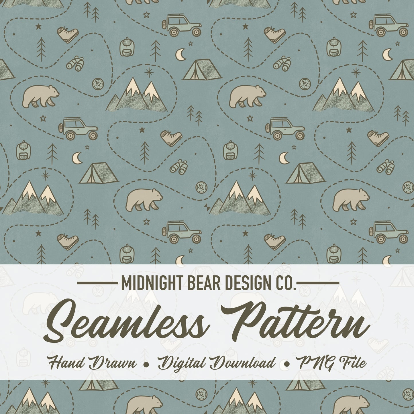 Adventure Camping Seamless Pattern | Explore Outdoors Illustration | Bear Mountain Camp Jeep Kids Pattern for Fabric, Crafts, Scrapbooking
