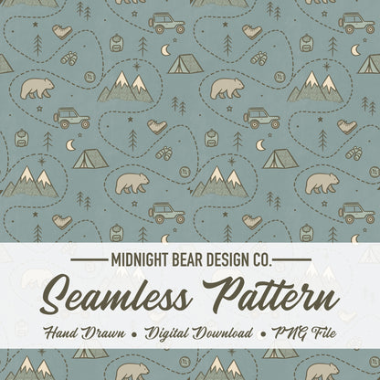 Adventure Camping Seamless Pattern | Explore Outdoors Illustration | Bear Mountain Camp Jeep Kids Pattern for Fabric, Crafts, Scrapbooking