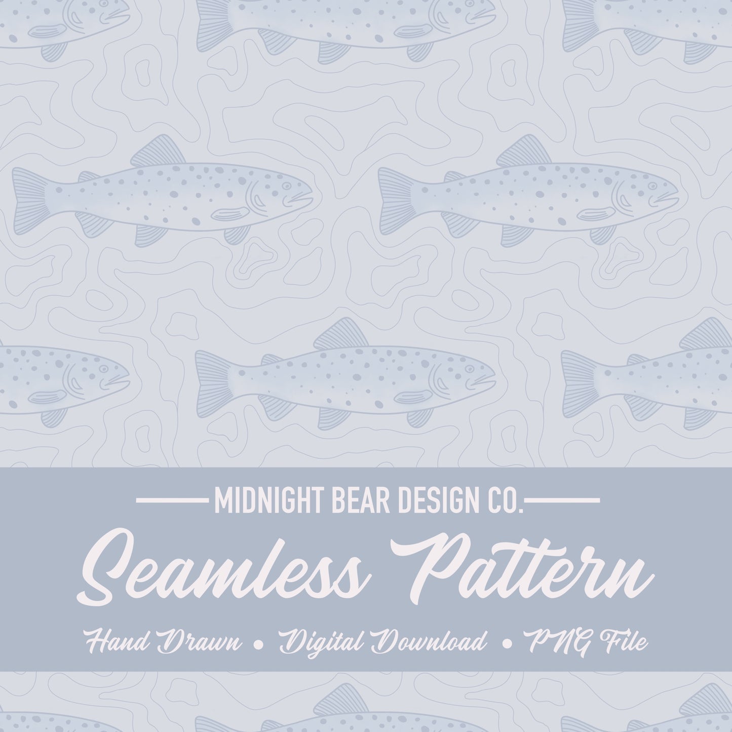 Topographical Trout Fishing Seamless Pattern Grey and Blue