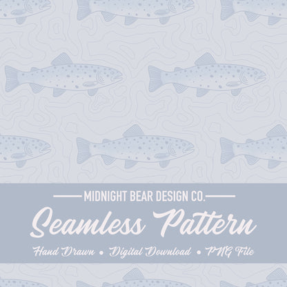 Topographical Trout Fishing Seamless Pattern Grey and Blue