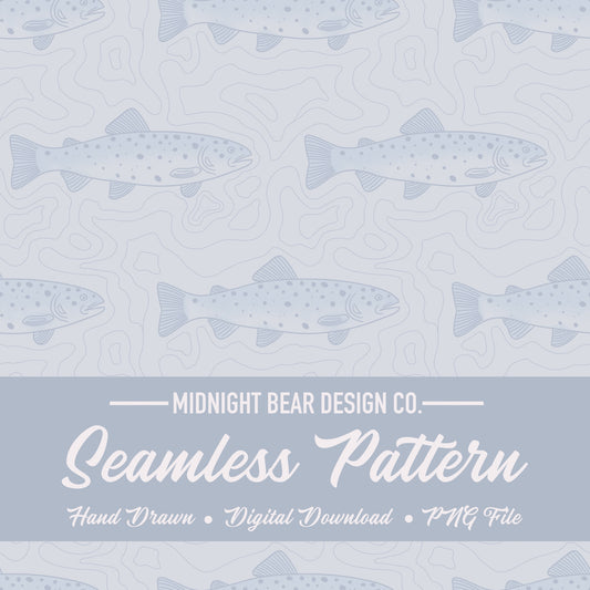 Topographical Trout Fishing Seamless Pattern Grey and Blue
