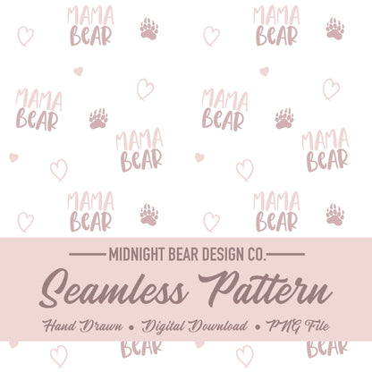 Blush Pink Mama Bear Seamless Text and Paw Print Pattern