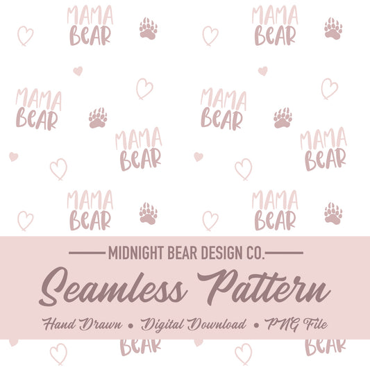 Blush Pink Mama Bear Seamless Text and Paw Print Pattern