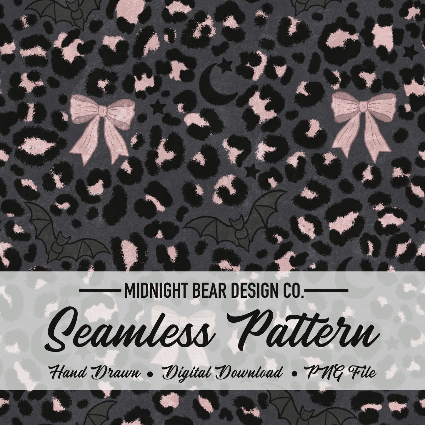 Leopard Halloween Bows, Bats & Moons Seamless Pattern Charcoal & Pink
