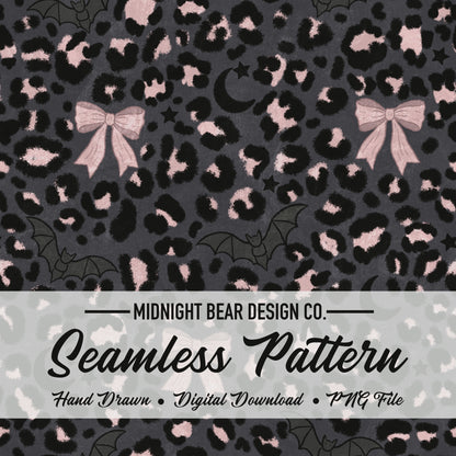 Leopard Halloween Bows, Bats & Moons Seamless Pattern Charcoal & Pink