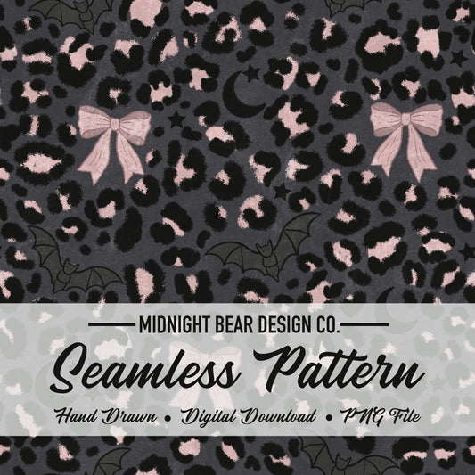 Leopard Halloween Bows, Bats & Moons Seamless Pattern Charcoal & Pink