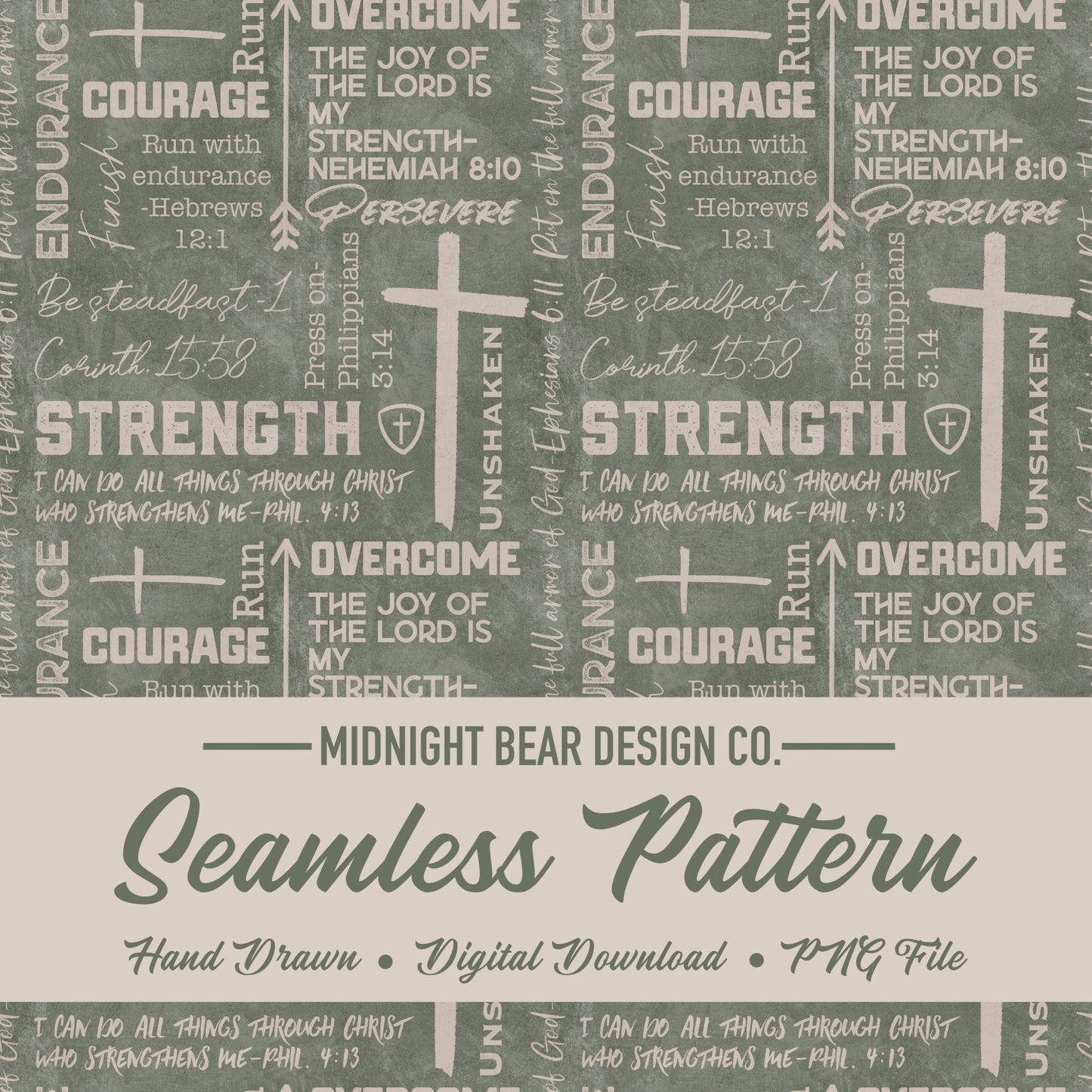 Green and Tan Strength and Endurance Seamless Pattern | Christian Word Grid Bible Verses