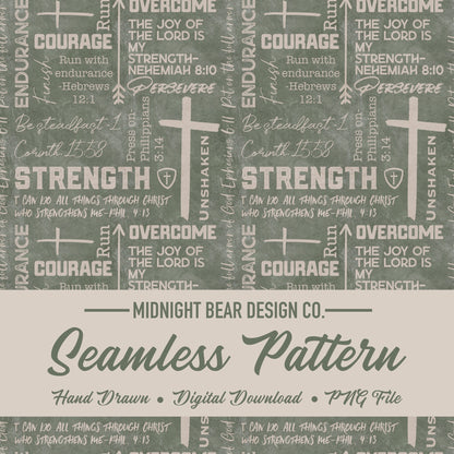 Green and Tan Strength and Endurance Seamless Pattern | Christian Word Grid Bible Verses